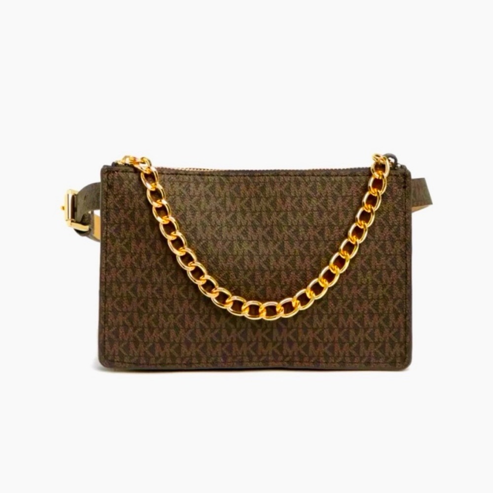 Michael Kors Brown Logo Belt Waist Bag With Gold Chain NWT - Picture 1 of 12